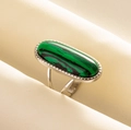 Adjustable silver-tone stainless steel ring with oval green malachite stone inlay - Silver-Malachite Pattern