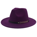 Detail of purple wide brim fedora with black leather band and gold chain accent - M (56-58cm) / Purple