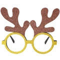 Glittery gold 2026 Christmas reindeer antlers party glasses for holiday photo props - Brown Antler Golden Frame