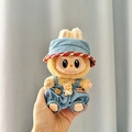 Blue denim outfit for Labubu plush toy including overalls and matching fisherman hat - Blue And Red Trimmed Cowboy Hat + Cowboy Music Bear / First And Second Generation Keychains Are Compatible With La Cloth Dolls. Dolls Not Included.