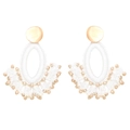 Detail of bohemian fan-shaped tassel earrings with white hand-woven beads and gold metal studs - White