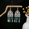 Bohemian vintage silver earrings with sky blue beads and leaf tassel on a wood stand - Retro Silver + Sky Blue Beads + Leaf (E2140/Blue)