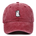 Distressed wash cotton baseball cap in burgundy with a minimalist ghost embroidery - Adjustable / Burgundy