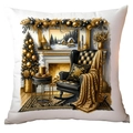 Christmas cushion cover featuring luxury black and gold winter fireplace scene print - Winter Home Scene