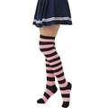 Chaussettes hautes rayées rose et noir pour femmes en tissu tricoté de haute qualité - L (Taille unique) / Rayures larges Noir et Rose