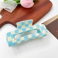 Minimalist light blue checkered hair claw clip with rectangular hollow design - 10.5cm / Blue & Beige Checkerboard