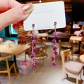 S925 silver needle long tassel earrings with purple rose and sparkling crystals - Purple Rose Flower Tassel Style (46#)