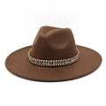 Flat top brown wool fedora with wide brim and decorative ethnic woven band for autumn and winter - M (56-58cm) / Coffee
