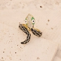 Golden snake wrap ring with black enamel scales and sparkling crystal rhinestones - Black