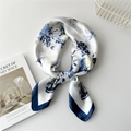 Blue and white floral satin square scarf tied in a bow with vintage porcelain patterns - 70cm / Teapot Blue White Flower
