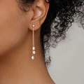 Elegant long S925 silver needle pearl tassel earrings in gold finish worn by model - Ear Line-Triple Chain Pearl / Gold
