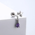 Silver double star stud earrings with purple teardrop zircon in titanium steel - Double Star Water Drop Style-Purple Zirconia (A79-6#)