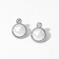 Silver-finished 316 stainless steel stud earrings with large white pearls and zircons - Silver Zirconia Pearl Earrings D2872