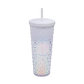Reusable white gradient studded plastic tumbler with straw and textured diamond pattern - Holographic White