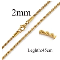 Golden 2mm rope chain necklace in 45cm length with lobster clasp on white background - 2mm/45cm / Gold