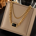 Double-layered gold titanium necklace with rectangular black gem and Cuban chain links - Gold