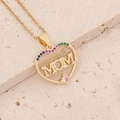 Macro detail of 18K gold heart necklace with MOM lettering and colorful zircon stones - Colorful Zircon Edge Pink Gem Heart MOM Style (6#)