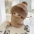 Winter warm fleece-lined brown hat and neck warmer set for outdoor windproof protection - Korean Integrated / Coffee