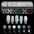 Macro shot of 12-grid nail art set featuring 3D aurora roses and gradient white pearls - Rose + Pearl (12TZ-11)