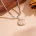 Detail of shell-shaped champagne pearl pendant on silver snake chain with wood decor - L603 Shell Necklace (Silver)