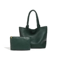 Dark green woven leather tote bag set with matching small zipper pouch in deep emerald - Dark Green