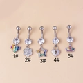 Detail shot of five stainless steel navel rings with colorful zircon inlays - Rainbow Heart Style (1#)