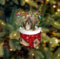 Niedlicher Shih-Tzu-Hund in Weihnachtsstrumpf-Anhänger mit Rentiergeweih und Lichtern - Shih Tzu Typ 4