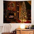 Christmas tapestry detail showing a cozy fireplace scene with decorated tree and warm lights - SD277-Vintage Wood Wreath