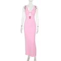 Detailed view of the pink slim fit dress showing cutout design and bow knot pleats - S / Pink