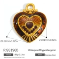 Waterproof stainless steel golden heart pendant with amber resin and brown rhinestones - Amber Heart Pendant PJ93196B