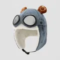 Detail der warmen Kinder-Fliegermütze mit Bärenohren, Cordstruktur und Brille - 4-6 Jahre / Blau