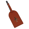 Brown leather luggage tag with gold airplane pattern and dark buckle strap - Brown