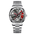 Racing wheel hub watch for men with silver steel strap and red brake caliper detail - Silver Case Red Caliper - Silver Steel Band