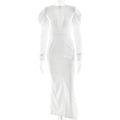 Abito midi bianco sexy con patchwork di pizzo, scollo a V e spacco per donna - S / Bianco