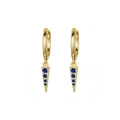 Detail view of golden geometric earrings with blue crystals in a triangular shape - Black Zircon