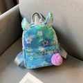 Kinder Einhorn Rucksack mit blau-grünen Pailletten, Sternenmuster und lila Bommel-Anhänger - Blaugrün Stern Pailletten