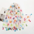 Bohemian white scarf with colorful watercolor dots and vibrant tassel trim details - Colorful Polka Dots (XB977)