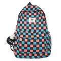 Mochila de tablero de ajedrez rosa y azul con un colgante decorativo de peluche - Bolso Individual / Rejilla Colorida