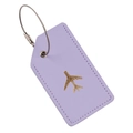 Detail view of purple leather luggage tag with gold airplane logo and steel wire ring - Light Purple