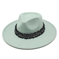 Détail d'un chapeau fedora en laine vert menthe avec ruban décoratif en tweed noir et argent - M (56-58cm) / Vert menthe