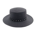 Detailed close-up of woven paper straw boater hat with metallic studded black ribbon band - M (56-58cm) / Black