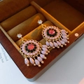 Vintage style square earrings with pink gemstones and gold metal base in a jewelry box - 10# Pink Faceted Beaded Fringe - Gold-Pink-Black