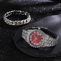 Luxury silver quartz watch with red dial and matching iced out Cuban chain bracelet set - Silver Red With Bracelet