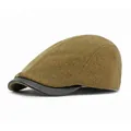 Olive green wool flat cap with black leather brim in a classic vintage style - Adjustable / Mustard Yellow