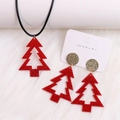 Christmas tree jewelry set with red glitter necklace and asymmetric earrings on white fur - Necklace and Earring Set / Red Hollow Christmas Tree Set
