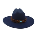 Dark blue wool fedora hat with brown leather band and turquoise stone detail - M Large Brim Cross Rope / Navy Blue