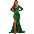 Emerald green sequin velvet evening gown with long sleeves and high slit mermaid skirt - US Size 2 (S) / Top And Bottom / Emerald Green
