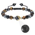 Tiger Eye stone bead bracelet with a round 100 languages projection pendant on white background - Tiger Eye + Magnetic Stone + Obsidian