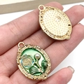 Vintage French oval pendant with green enamel, rose flower, and pearl on gold alloy - Green Oval Rose Flower Pendant-19481