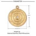 Detailed view of a 15mm gold stainless steel round pendant with a rhinestone center - Gold Concentric Circle Rhinestone Pendant (VG198)